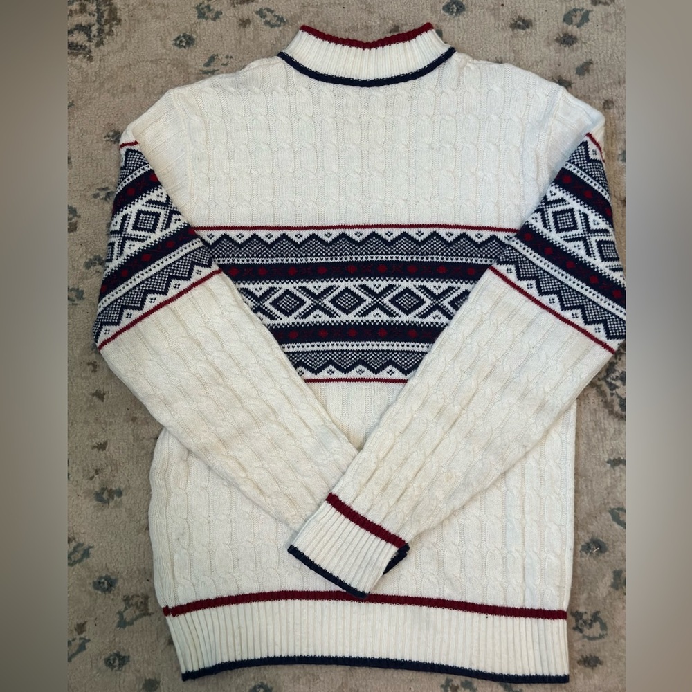 Men's White and Navy Patterned Sweater